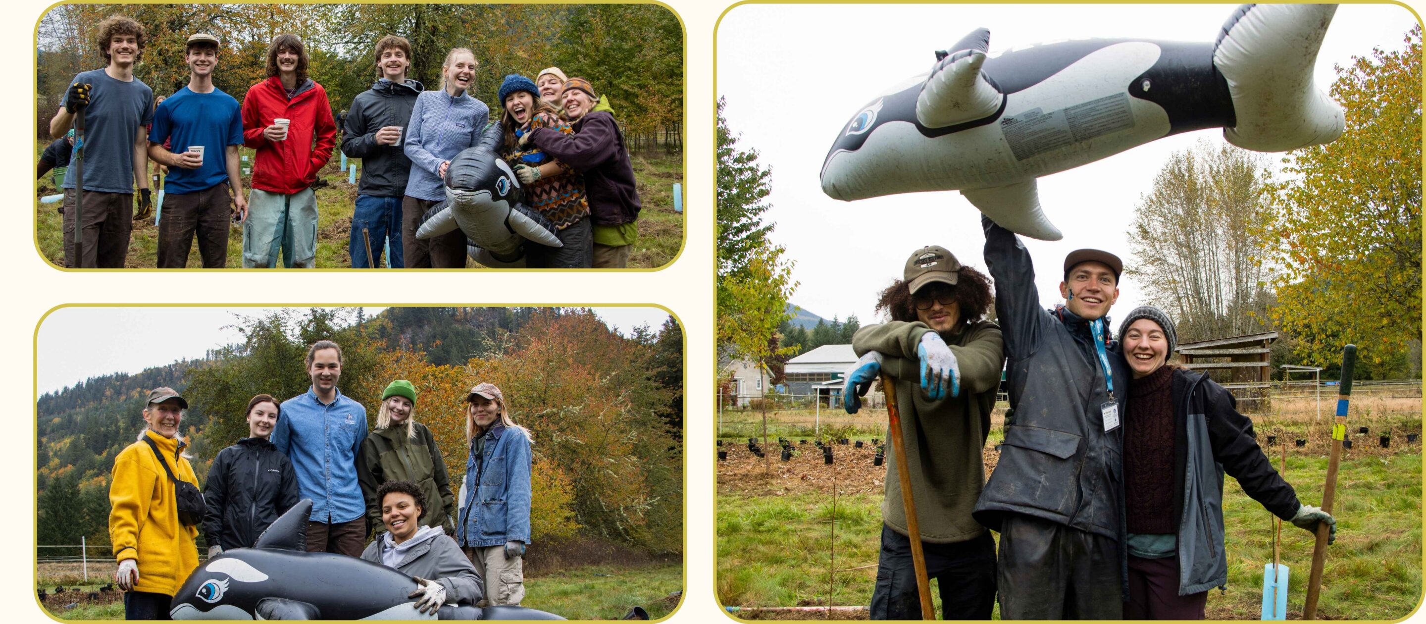 Volunteers holding up an infaltable orca for Orca Recovery Day